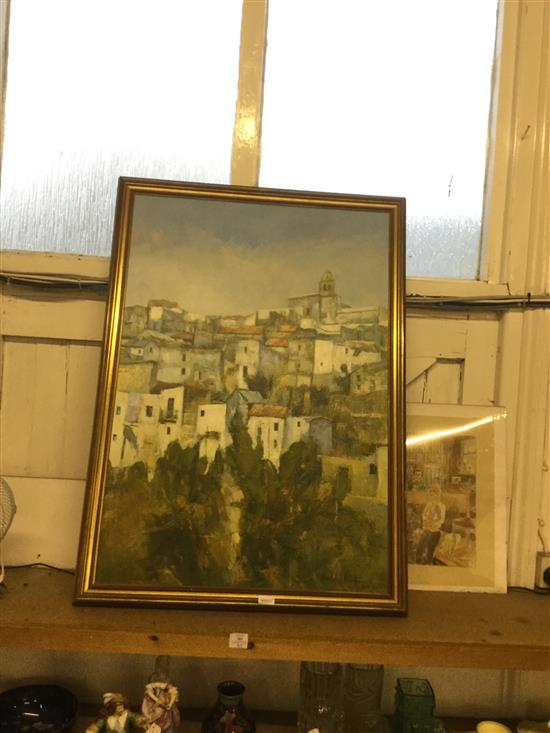 20C Continental School, oil on canvas, Hillside town, indistinctly signed, dated 78, inscribed Vejer